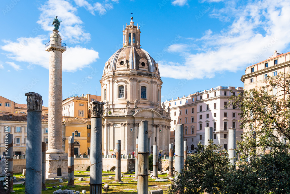 Trajan's Column and Church of the Most Holy Name of Mary, Rome, Italy