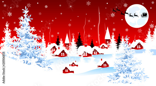 Little village on winter Christmas night. Snow-covered village. Night scene of winter rural landscape on Christmas Eve