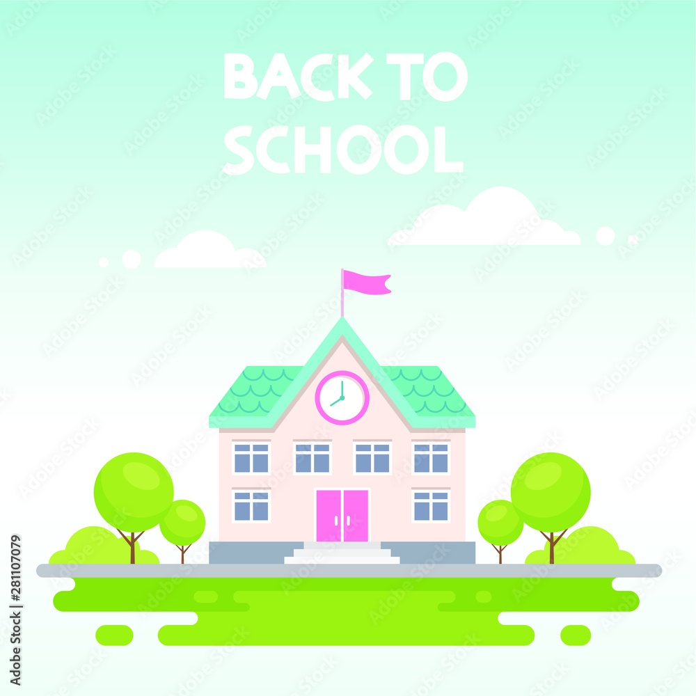 Naklejka premium Back to school banner, cute school building, education concept. Vector illustration.