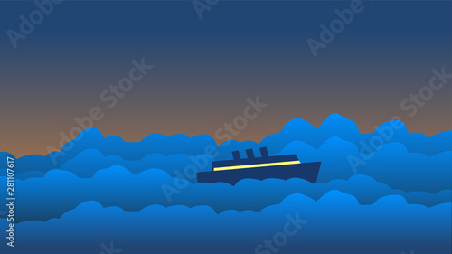 The passenger ship sails on raging sea waves against a dark sky. Vector abstraction.