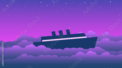 The passenger ship sails on raging sea waves against a dark sky. Vector abstraction.