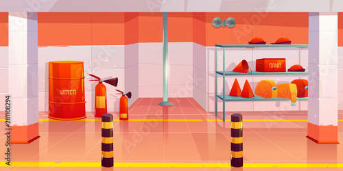 Fire station or garage empty interior, utility room with steel pole, signaling, water barrel, sand box, fire extinguishers, cone buckets, hoses on shelf, room inner design. Cartoon vector illustration