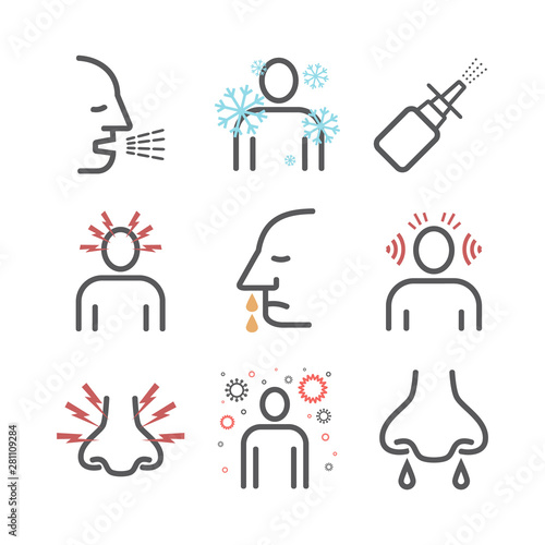 Rhinitis. Symptoms, Treatment. Line icons set. Vector signs for web graphics.
