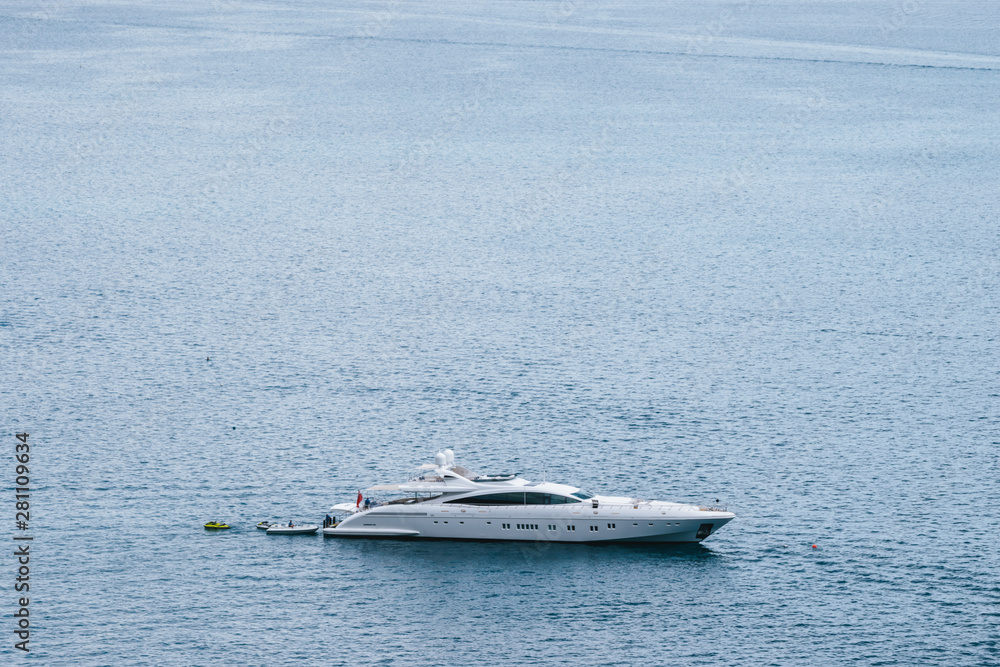 Yacht in Positano Harbor, Cliffside Village, province of Salerno, the region of Campania, Amalfi Coast, Costiera Amalfitana, Italy
