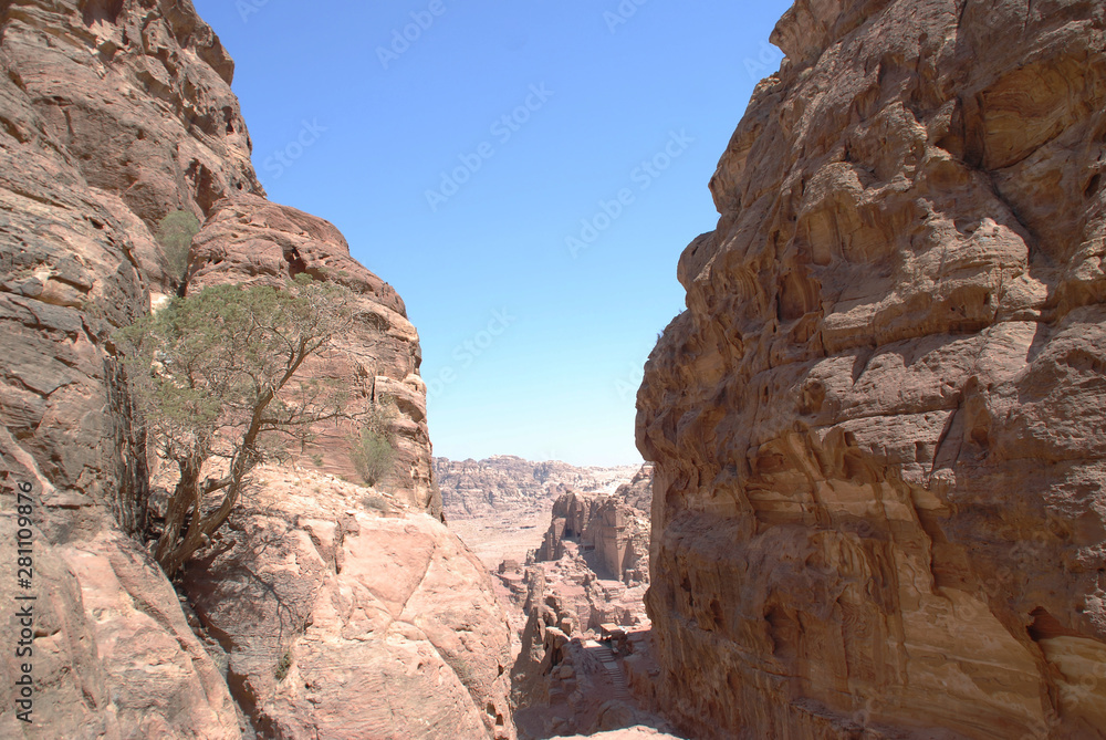 The desert landscape around the lost city of Petra in Jordan