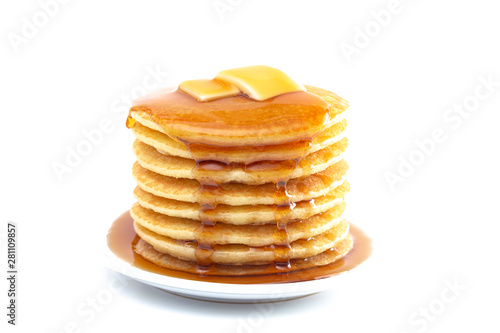 Stack of Freshly Made Pancakes with Syrup and Butter Isoalted on a White Background