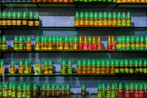 Chefchaouen, Morocco, 24,04,2019. Shelf with argan oil bottles