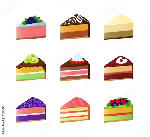 Cartoon Color Sweet Cake Dessert Slice Icon Set. Vector