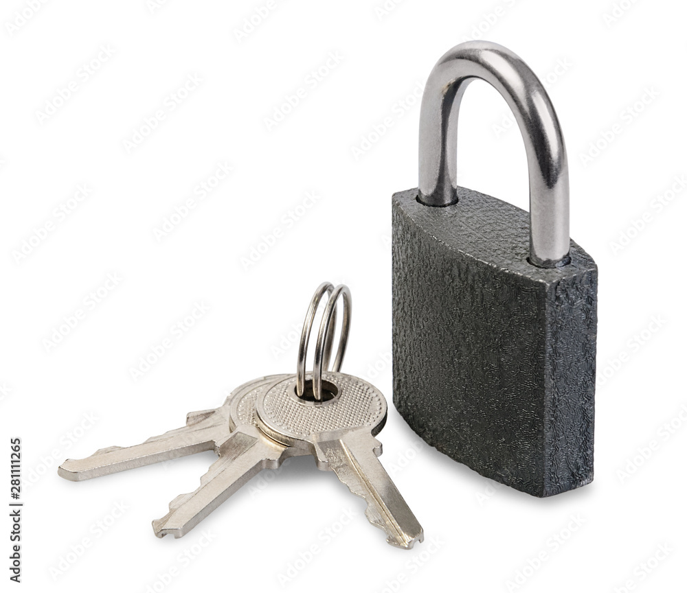 New padlock with keys isolated on white background. Protection, security and access concept. New padlock with keys isolated on white background. Protection, security and access concept.