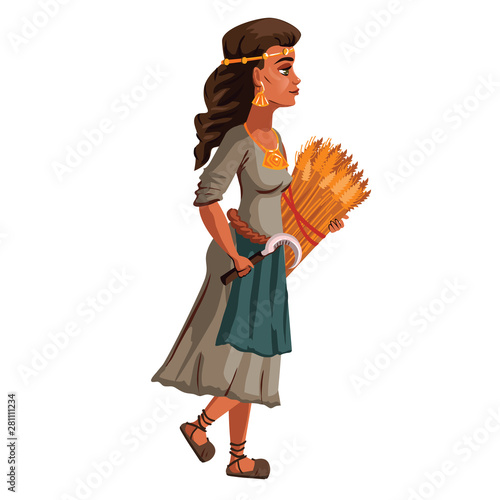 Peasant woman with sickle and sheaf of spikelets in hands