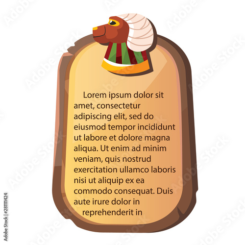Stone board or clay tablet with ram head cartoon vector illustration Ancient Egyptian object for recording storing information, graphical user interface for game design on white