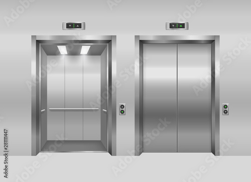 Realistic 3d Detailed Elevator with Opened and Closed Doors. Vector