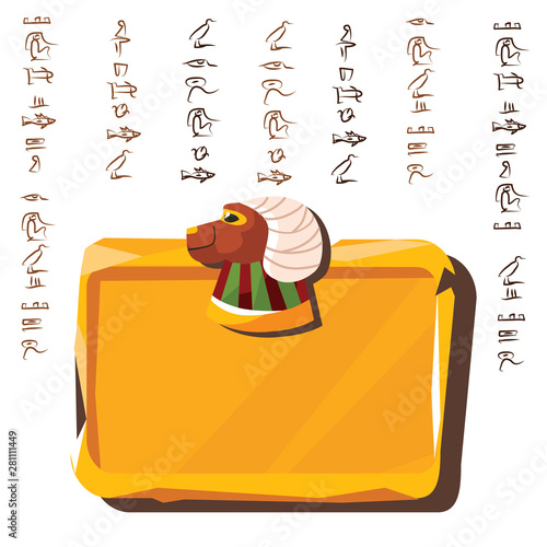 Stone board or clay tablet with ram head and Egyptian hieroglyphs cartoon vector illustration Ancient object for recording storing information, graphical user interface for game design on white