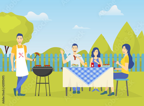 Family Active Holidays Concept on a Green Park Landscape Background Scene. Vector