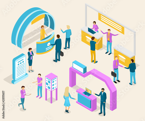 Expo Exhibition Concept 3d Isometric View. Vector