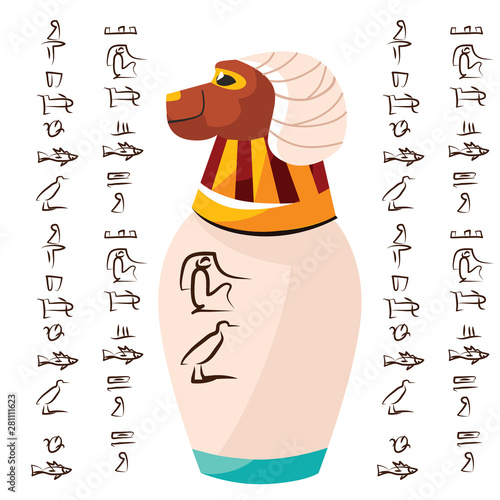 Ancient Egyptian ritual vase with ram head and hieroglyphs cartoons vector illustration. Decorative urn for sacrifice to god Khnum or storage of temple treasures, isolated on white background