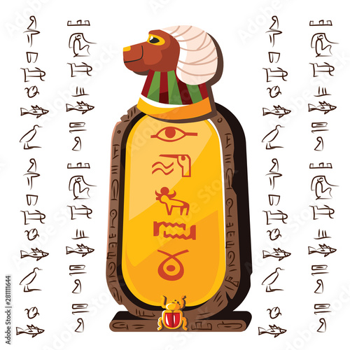 Stone board or clay tablet with ram head and Egyptian hieroglyphs cartoon vector illustration Ancient object for recording storing information, graphical user interface for game design on white