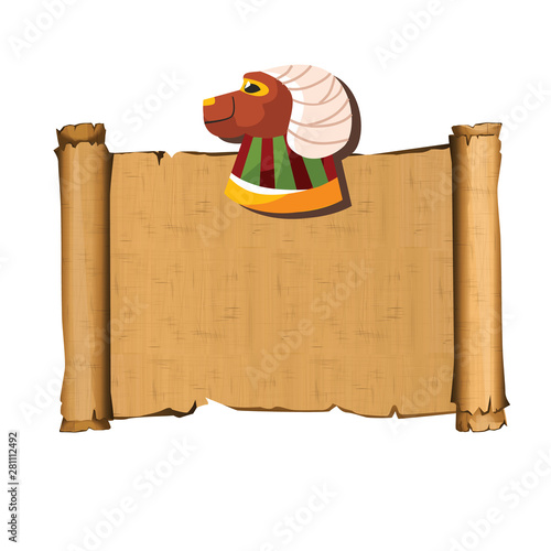 Ancient Egypt papyrus scroll with ram head cartoon vector illustration. Ancient paper with hieroglyphs, storing information, Egyptian culture religious symbol isolated on white background