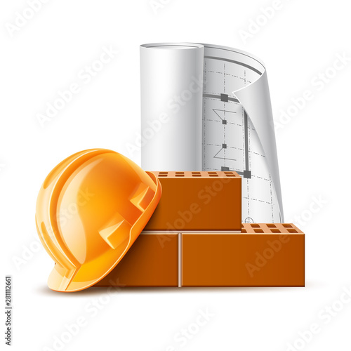 Realistic hard hat, blueprintl and bricks. Industrial worker pattern. Construction workers, bricklayer and masonry equipment. Vector craftsman pattern, labour day design.