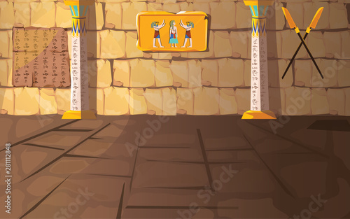 Ancient Egypt pharaoh tomb or temple room cartoon vector illustration. Egyptian pyramid interior with hieroglyphs and mural on stone walls and white columns with oranment, background for game design