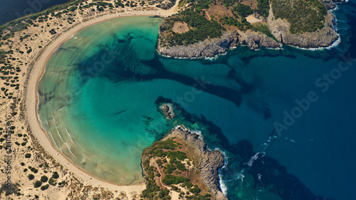 Fototapeta Naklejka Na Ścianę i Meble -  Aerial drone photo of Caribbean exotic paradise round shaped sandy bay with amazing turquoise and sapphire colours 