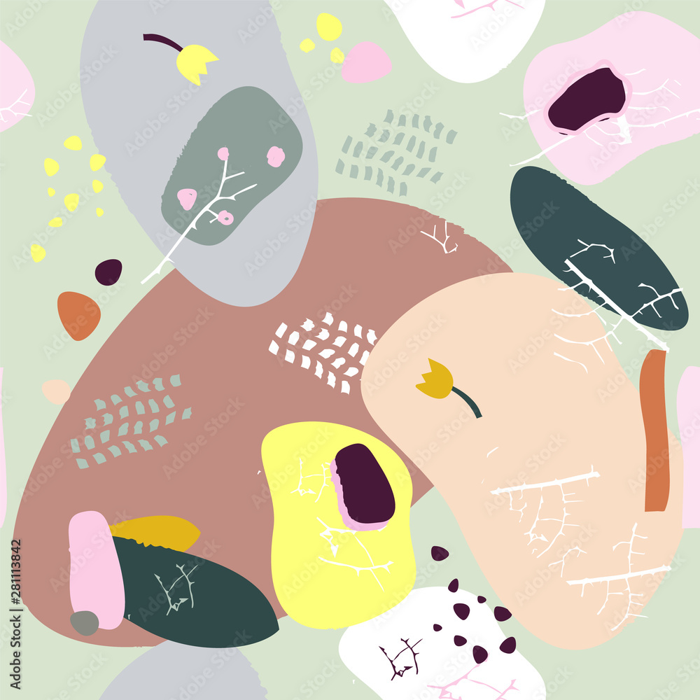 Seamless repeat pattern with leaves and abstract forms of natural color Seamless repeat pattern with leaves and abstract forms of natural color