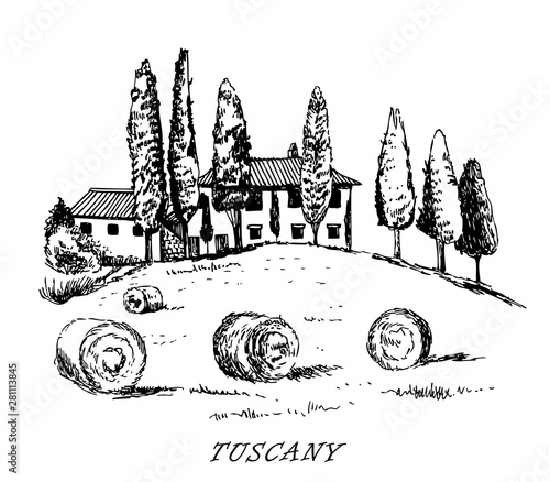 Tuscany. Italy. Rural landscape. Vintage design sketched vector