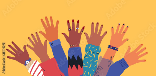 Diverse young people friend hands raised together