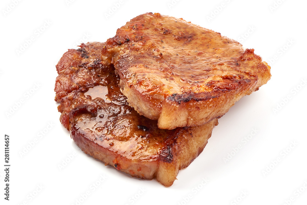 Baked juicy pork steak, isolated on white background Baked juicy pork steak, isolated on white background