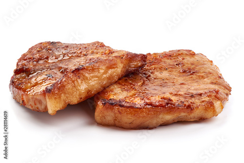 Baked steak, delicious pork meat, isolated on white background