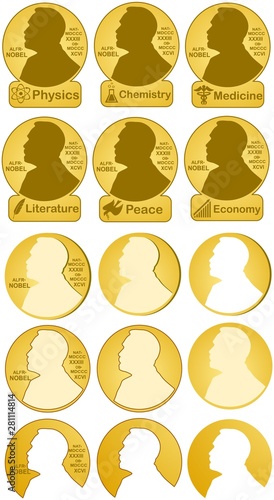 Nobel prizes in Physics, Chemistry, Medicine, Literature, Economic, Peace. photo