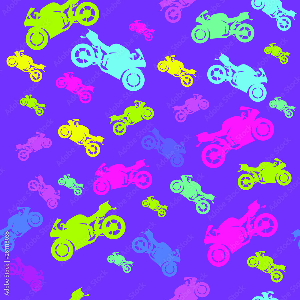 Seamless pattern of sport motorcycles in neon coloures, for wrapping paper, wallpaper, fabric pattern, backdrop, print, gift wrap, cover of notebook, envelope Seamless pattern of sport motorcycles in neon coloures, for wrapping paper, wallpaper, fabric pattern, backdrop, print, gift wrap, cover of notebook, envelope