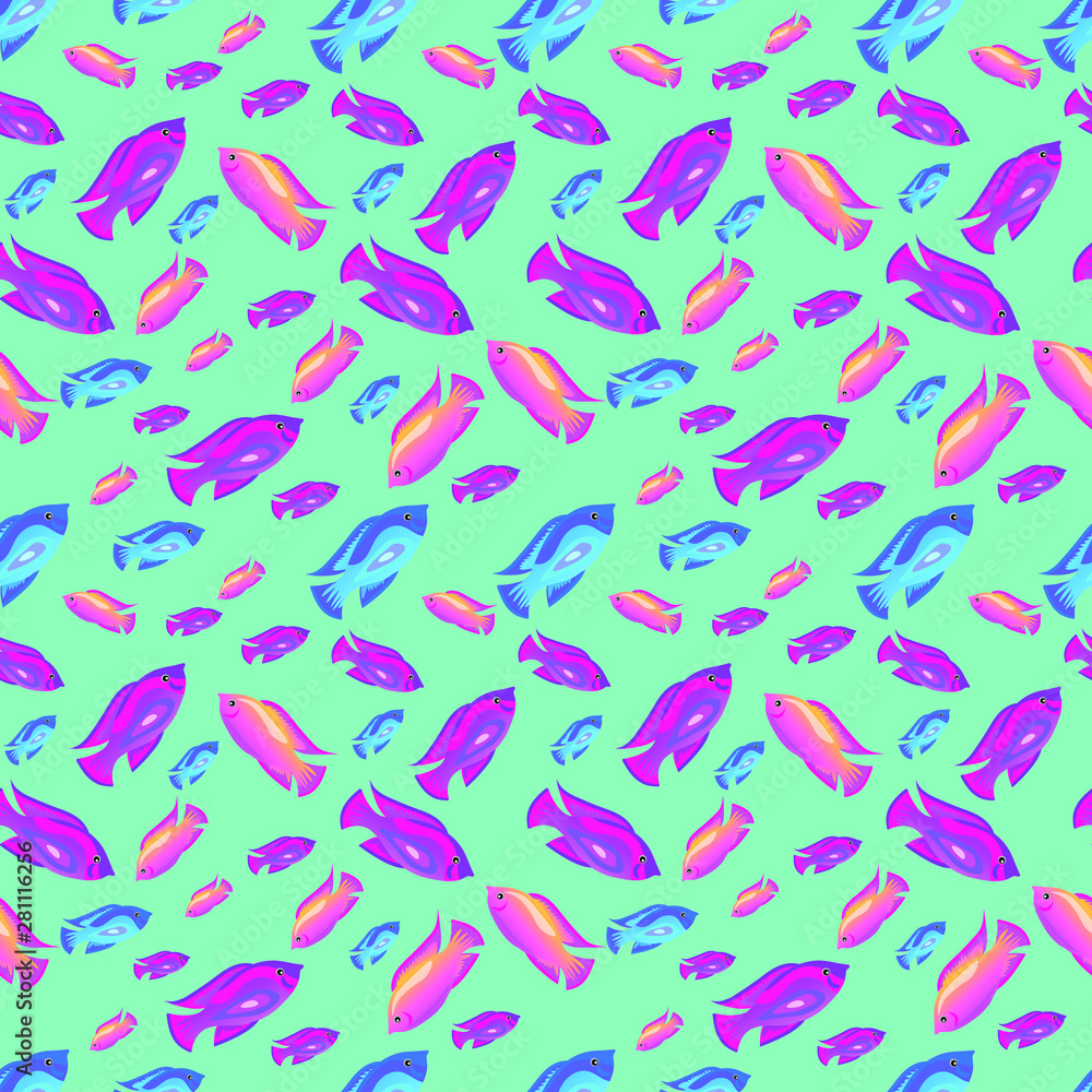 Seamless pattern of fishes in bright neon coloures, for wrapping paper, wallpaper, fabric pattern, backdrop, print, gift wrap, cover of notebook, envelope Seamless pattern of fishes in bright neon coloures, for wrapping paper, wallpaper, fabric pattern, backdrop, print, gift wrap, cover of notebook, envelope