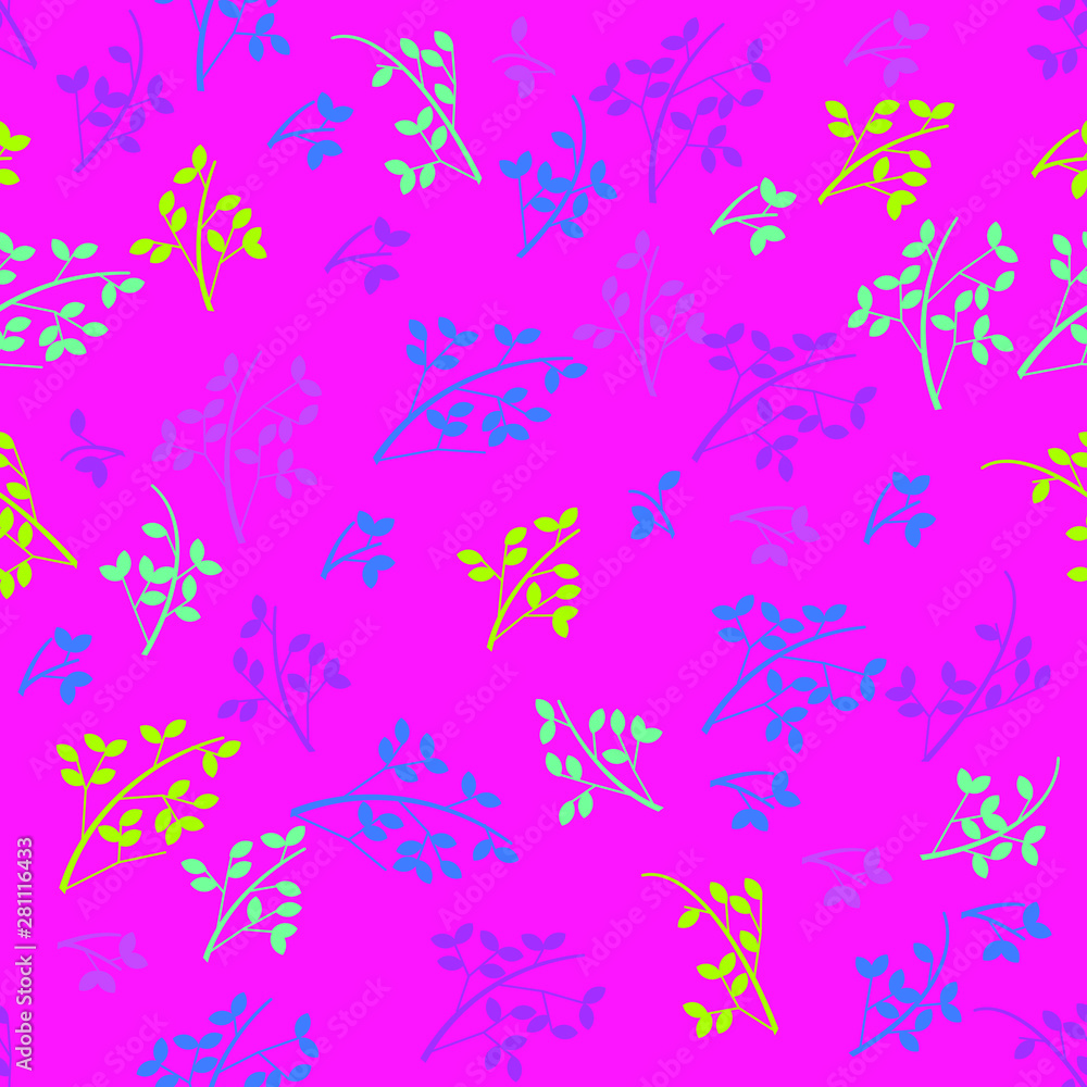  Seamless pattern of leaves and branches in bright neon coloures, for wrapping paper, wallpaper, fabric pattern, backdrop, print, gift wrap, cover of notebook, envelope