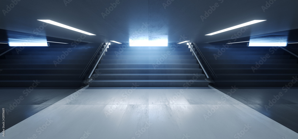 Obraz premium Dark Empty Underground Tunnel Corridor Stairs Signs Lights White Blue Empty Reflective Grunge Concrete Modern 3D Rendering