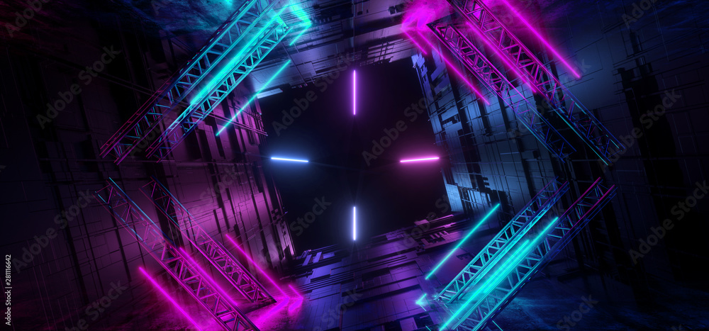 Laser Neon Glowing Lines Purple Blue Futuristic Sci Fi Tunnel Motherboard Chip Texture Reflective Background Underground Alien Spaceship Night 3D Rendering