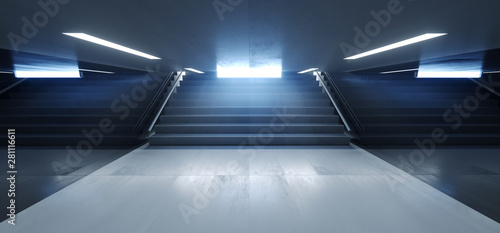 Dark Empty Underground Tunnel Corridor Stairs Signs Lights White Blue Empty Reflective Grunge Concrete Modern 3D Rendering