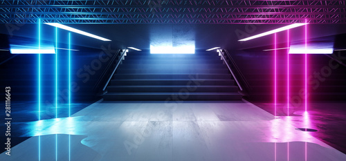 Fototapeta Naklejka Na Ścianę i Meble -  Sci Fi Futuristic Neon Lights Arrow Shape Hall Dark Empty Underground Tunnel Corridor Stairs Signs Lights Purple Blue Glowing  Empty Reflective Grunge Concrete Modern 3D Rendering