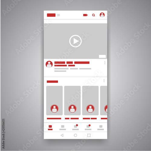 Smartphone social media mobile video youtube player interface. Play video online mock up. UI window with navigation icon. Vector illustration.