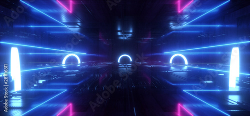 Fototapeta Naklejka Na Ścianę i Meble -  Sci Fi Futuristic Oval Circle Neon Led Lights Purple Blue Vibrant Glowing Schematic Chip Texture Reflective Dark Empty Room Underground Stage Tunnel Corridor 3D Rendering