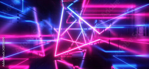Neon Glowing Laser Beam Sci Fi Future Modern Portal Gate Virtual Cyber Vibrant Triangle Rectangle Abstract Shaped Tunnel Corridor Metal Chip Reflective Texture Background 3D Rendering