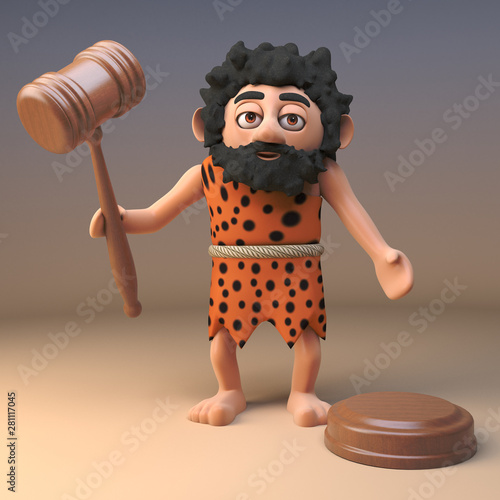 Cartoon 3d caveman holding auctioneers gavel, 3d illustration photo