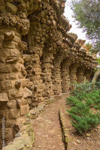 Stone columns in Park Guell, Barcelona, Spain.