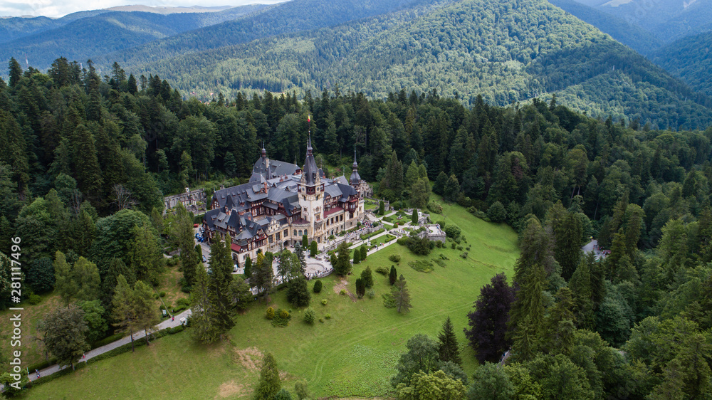 Obraz premium Aerial view of a castle in a forest on a sunny day!
