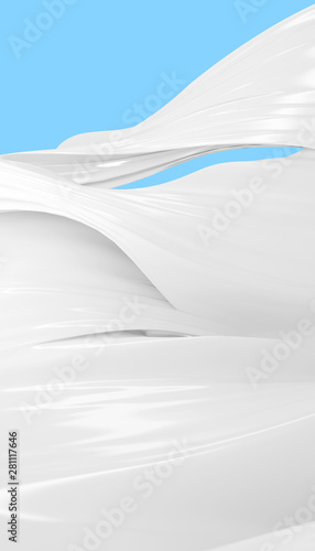 Luxurious background of abstract shape. Flowing white fabric or flowing thick white liquid on a blue background. 3D rendering.