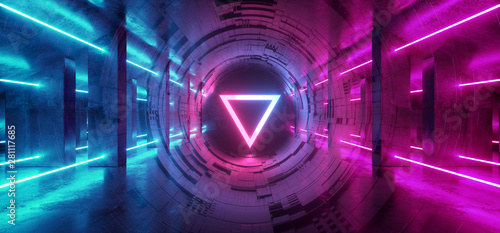 Fototapeta Naklejka Na Ścianę i Meble -  Studio Sci Fi Neon Glowing Triangle Sphere Circle Gate Portal  Gradient Purple Blue Retro Alien Spaceship Reflective Motherboard Texture Chip Empty Background Spaceship 3D Rendering