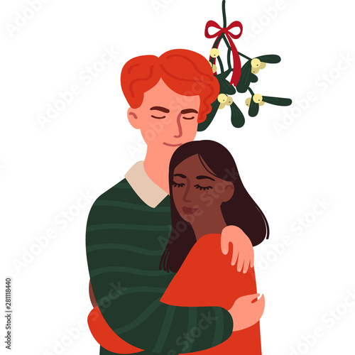 A guy and a girl hug under the branch of mistletoe. Cartoon characters isolated on white background. Vector illustration in the style of flat