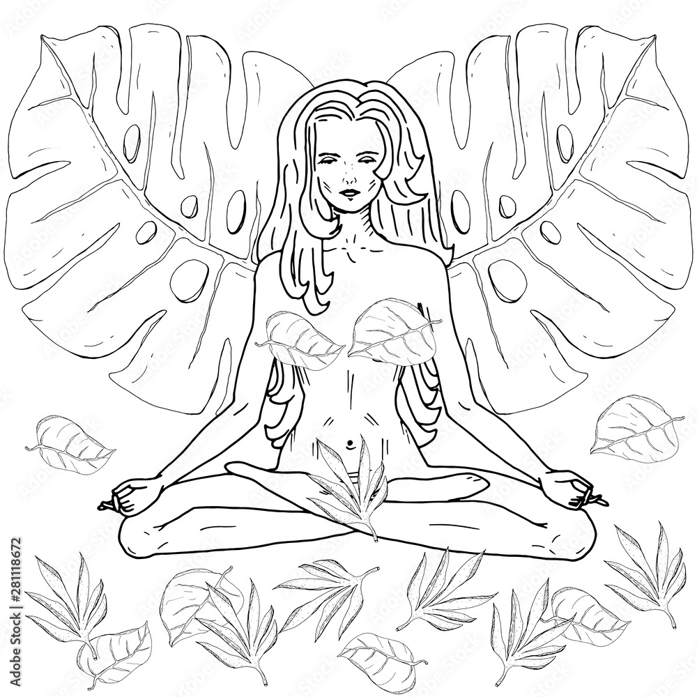 Plakat Ręka rysująca joga dziewczyna w lotos pozie z tropikalnych liści monochromatyczną wektorową ilustracją
