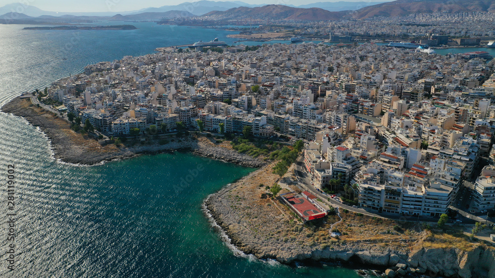 Aerial drone photo of famous dense populated district of Piraeus, Piraiki or Freatida, Attica, Greece