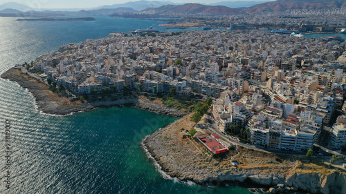 Aerial drone photo of famous dense populated district of Piraeus, Piraiki or Freatida, Attica, Greece © aerial-drone